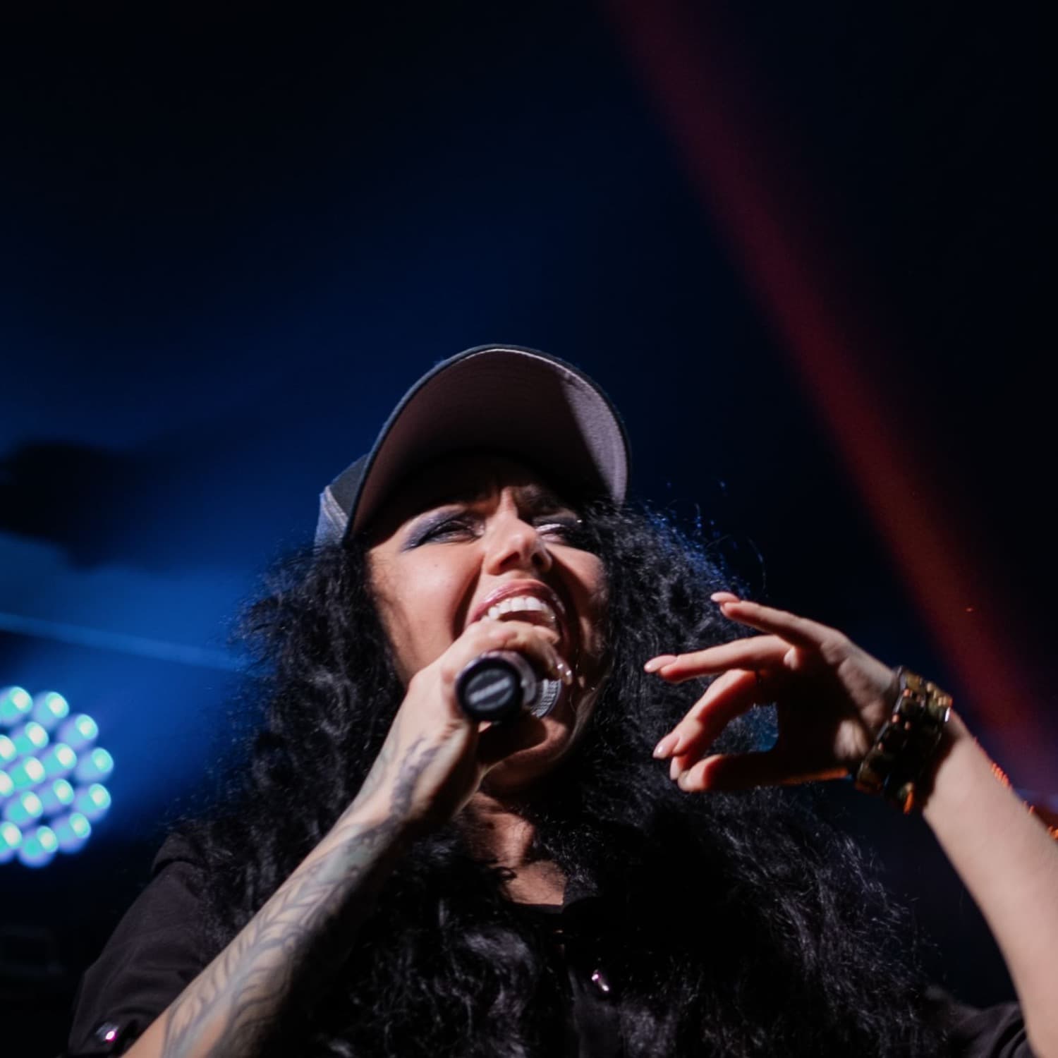 Singer performing live with a band